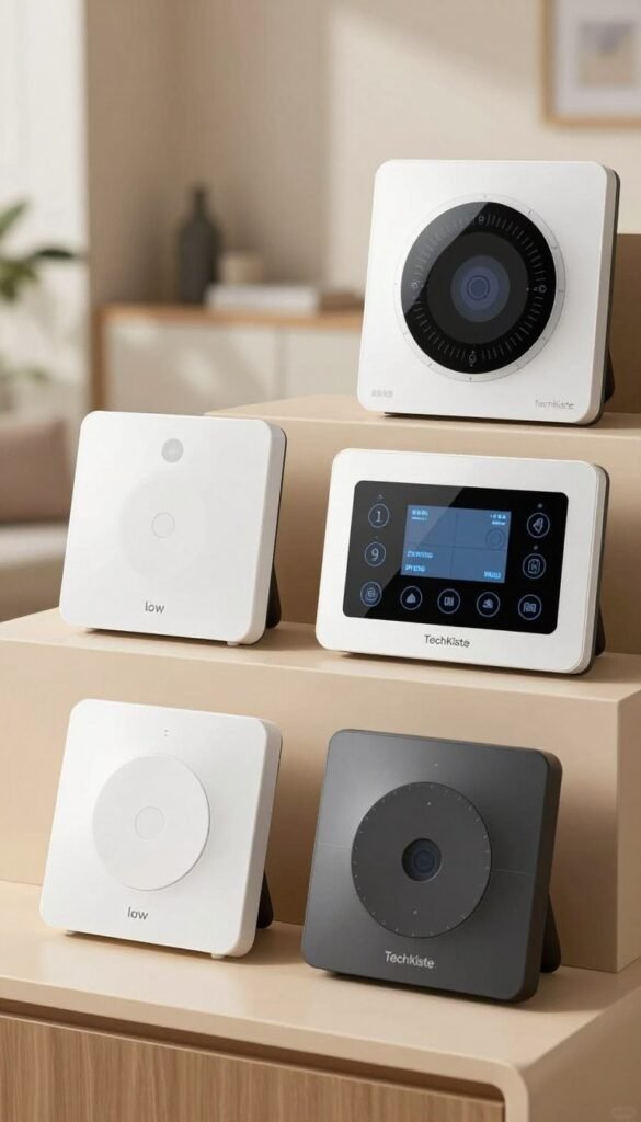 A sleek and modern display showcasing a variety of alarm systems labeled by price ranges: low, mid, and high. In the foreground, an elegant low-cost model with a minimalist design, emphasizing simplicity. The middle section features a mid-range alarm system with a slightly advanced interface, highlighting user-friendly features. The background showcases a premium alarm system with sophisticated functionalities, merged into a smart home environment. The scene is beautifully lit with warm, natural lighting, creating an inviting atmosphere. The overall composition evokes a sense of professionalism and reliability, suitable for a tech-oriented audience. The brand name "TechKiste" subtly referenced within the alarm designs. A sleek and modern display showcasing a variety of alarm systems labeled by price ranges: low, mid, and high. In the foreground, an elegant low-cost model with a minimalist design, emphasizing simplicity. The middle section features a mid-range alarm system with a slightly advanced interface, highlighting user-friendly features. The background showcases a premium alarm system with sophisticated functionalities, merged into a smart home environment. The scene is beautifully lit with warm, natural lighting, creating an inviting atmosphere. The overall composition evokes a sense of professionalism and reliability, suitable for a tech-oriented audience. The brand name "TechKiste" subtly referenced within the alarm designs.