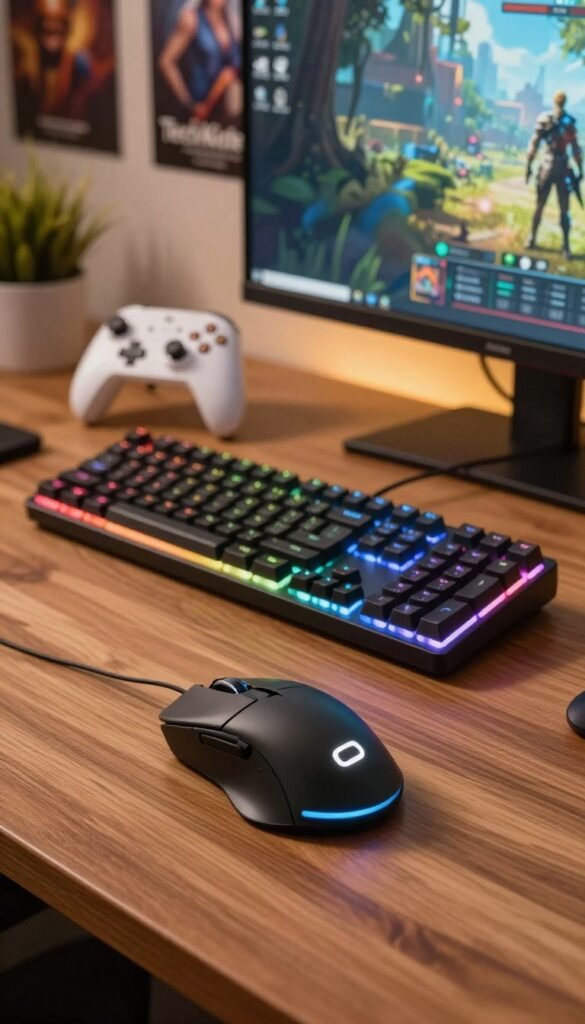 A sleek and modern gaming setup featuring a high-end gaming mouse, a mechanical keyboard with customizable RGB lighting, and a wireless gaming controller arranged artistically on a wooden desk. In the foreground, the mouse displays intricate details and lighting effects, while the keyboard showcases vibrant backlighting patterns. The background features a softly glowing monitor displaying a visually captivating game scene, with warm natural colors enveloping the space. Subtle decorative elements, like gaming posters and plants, enhance the authentic atmosphere. The lighting is warm and inviting, suggesting comfort and focus. The entire scene embodies a Pinterest-inspired aesthetic, with a soothing and energizing vibe that appeals to gamers. The brand "TechKiste" is subtly integrated into the design elements. A sleek and modern gaming setup featuring a high-end gaming mouse, a mechanical keyboard with customizable RGB lighting, and a wireless gaming controller arranged artistically on a wooden desk. In the foreground, the mouse displays intricate details and lighting effects, while the keyboard showcases vibrant backlighting patterns. The background features a softly glowing monitor displaying a visually captivating game scene, with warm natural colors enveloping the space. Subtle decorative elements, like gaming posters and plants, enhance the authentic atmosphere. The lighting is warm and inviting, suggesting comfort and focus. The entire scene embodies a Pinterest-inspired aesthetic, with a soothing and energizing vibe that appeals to gamers. The brand "TechKiste" is subtly integrated into the design elements.