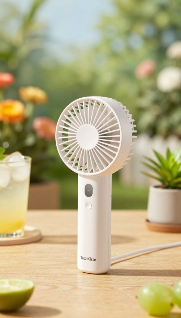 A sleek and modern hand-held fan with a rechargeable battery, branded "TechKiste," is the focal point of the image. The fan is positioned on a wooden table surrounded by summer-themed elements, like a refreshing drink with ice and a small potted plant. In the background, a softly blurred outdoor scene reveals a sunlit garden with vibrant flowers and greenery, emphasizing a warm, inviting atmosphere. The lighting is natural and bright, creating a cheerful ambiance while highlighting the fan's smooth design and functional features. The image captures a cozy summer day vibe, perfect for illustrating the innovative convenience of this Akku gadget. A sleek and modern hand-held fan with a rechargeable battery, branded "TechKiste," is the focal point of the image. The fan is positioned on a wooden table surrounded by summer-themed elements, like a refreshing drink with ice and a small potted plant. In the background, a softly blurred outdoor scene reveals a sunlit garden with vibrant flowers and greenery, emphasizing a warm, inviting atmosphere. The lighting is natural and bright, creating a cheerful ambiance while highlighting the fan's smooth design and functional features. The image captures a cozy summer day vibe, perfect for illustrating the innovative convenience of this Akku gadget.