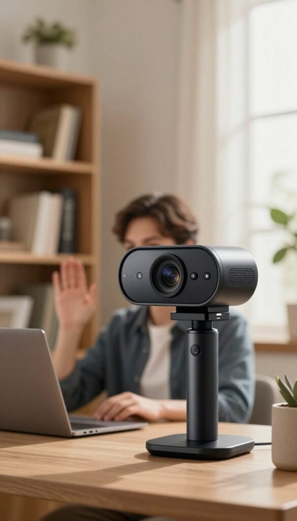 A sleek and modern home office setting featuring a high-quality webcam, prominently displaying a clear lens with autofocus capabilities. In the foreground, a person, dressed in smart casual attire, is positioned in front of a computer, showcasing the perfect framing for a video call. The webcam is focused on their face, highlighting sharp details and vibrant colors, while the blurred background includes a stylish bookshelf and a plant, creating a warm and inviting atmosphere. Soft, natural light filters through a nearby window, casting a gentle glow and enhancing the cozy yet professional mood. The scene subtly incorporates the brand name &ldquo;TechKiste&rdquo; on the webcam, emphasizing its appearance while maintaining authenticity and a Pinterest-like aesthetic.