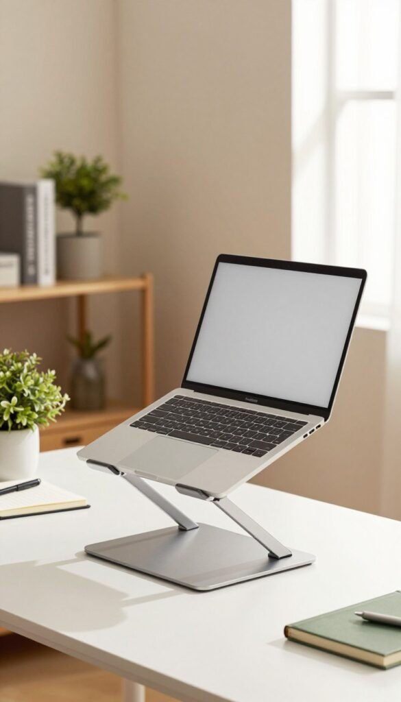 A sleek and modern laptop stand designed to enhance workspace ergonomics, showcasing a minimalist aesthetic. In the foreground, a stylish silver laptop is positioned on a sturdy, adjustable stand that elevates it to eye level, reducing neck strain. The middle ground features a well-organized desk with tasteful office supplies, including a notebook and a plant for a touch of nature. The background shows a softly lit home office environment, with warm colors and natural light filtering through a nearby window. The overall mood is professional yet inviting, emphasizing comfort and productivity. The branding "TechKiste" is subtly integrated into the scene, ensuring it complements the design without being intrusive. The image captures a sense of balance and tranquility, perfect for a modern workspace.