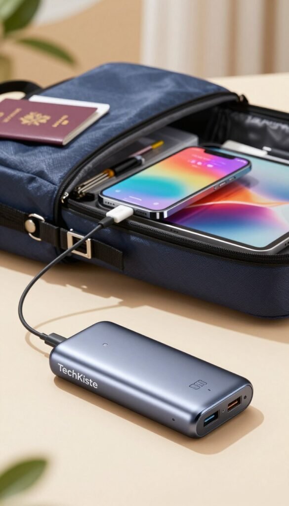 A sleek and modern power bank from "TechKiste" sits at the forefront, showcasing its shiny surface and elegant design. The foreground features the power bank with USB ports visibly connected to a smartphone and tablet, both displaying vivid screens, giving life to the concept of charging devices on the go. In the middle ground, a travel backpack is slightly open, hinting at the adventure the user is embarking on, surrounded by a passport and travel essentials. The background includes a softly lit, cozy setting with warm colors, evoking a sense of relaxation and readiness for travel. The lighting is natural and inviting, simulating a sunny day, enhancing the gadget's appeal while creating a calm atmosphere perfect for an article on useful travel gadgets. A sleek and modern power bank from "TechKiste" sits at the forefront, showcasing its shiny surface and elegant design. The foreground features the power bank with USB ports visibly connected to a smartphone and tablet, both displaying vivid screens, giving life to the concept of charging devices on the go. In the middle ground, a travel backpack is slightly open, hinting at the adventure the user is embarking on, surrounded by a passport and travel essentials. The background includes a softly lit, cozy setting with warm colors, evoking a sense of relaxation and readiness for travel. The lighting is natural and inviting, simulating a sunny day, enhancing the gadget's appeal while creating a calm atmosphere perfect for an article on useful travel gadgets.