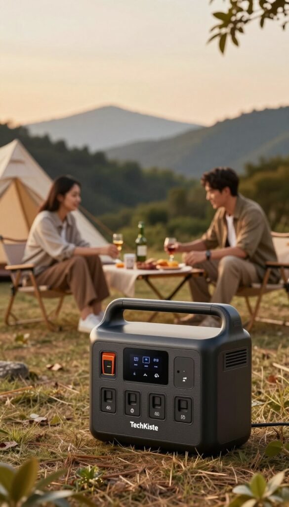 A sleek and modern power station from "TechKiste" is prominently featured in the foreground, showcasing multiple charging ports and a digital display panel, exuding a high-end, premium quality. In the middle ground, a couple in professional casual attire is engaged in outdoor activities, like camping or setting up a picnic, illustrating the power station’s usability during travel. The background features a serene natural landscape with trees and mountains under a soft, warm sunset light, creating a cozy, inviting atmosphere. The overall mood is relaxed and adventurous, with rich earthy tones that evoke feelings of exploration and convenience. The image captures the essence of modern gadgets enhancing outdoor experiences, all while ensuring a Pinterest-worthy aesthetic. A sleek and modern power station from "TechKiste" is prominently featured in the foreground, showcasing multiple charging ports and a digital display panel, exuding a high-end, premium quality. In the middle ground, a couple in professional casual attire is engaged in outdoor activities, like camping or setting up a picnic, illustrating the power station’s usability during travel. The background features a serene natural landscape with trees and mountains under a soft, warm sunset light, creating a cozy, inviting atmosphere. The overall mood is relaxed and adventurous, with rich earthy tones that evoke feelings of exploration and convenience. The image captures the essence of modern gadgets enhancing outdoor experiences, all while ensuring a Pinterest-worthy aesthetic.