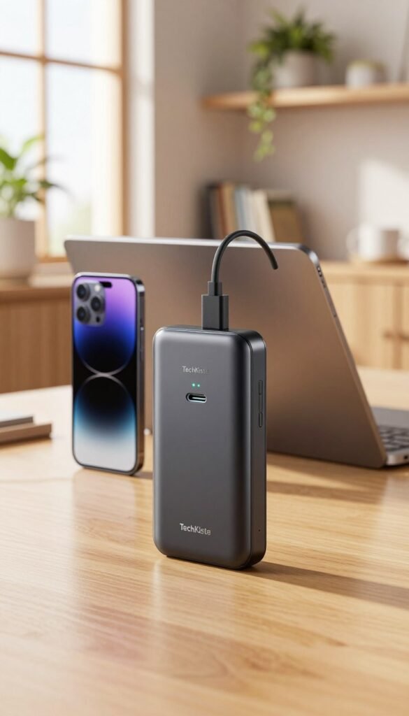 A sleek and modern powerbank prominently displayed in the foreground with a polished surface reflecting warm lighting. The powerbank, branded "TechKiste," showcases a minimalist design with rounded edges, a USB-C port, and LED charge indicator lights. In the middle, an array of various electronic devices, such as a smartphone and tablet, are plugged into the powerbank, highlighting its utility. The background features a cozy workspace environment with soft, natural light streaming in through a nearby window, creating a serene atmosphere. The room has wooden shelves with plants and books, enhancing the Pinterest-inspired aesthetic. The composition conveys a sense of innovation and practicality, inviting viewers to consider the essential nature of offline gadgets in everyday life. A sleek and modern powerbank prominently displayed in the foreground with a polished surface reflecting warm lighting. The powerbank, branded "TechKiste," showcases a minimalist design with rounded edges, a USB-C port, and LED charge indicator lights. In the middle, an array of various electronic devices, such as a smartphone and tablet, are plugged into the powerbank, highlighting its utility. The background features a cozy workspace environment with soft, natural light streaming in through a nearby window, creating a serene atmosphere. The room has wooden shelves with plants and books, enhancing the Pinterest-inspired aesthetic. The composition conveys a sense of innovation and practicality, inviting viewers to consider the essential nature of offline gadgets in everyday life.