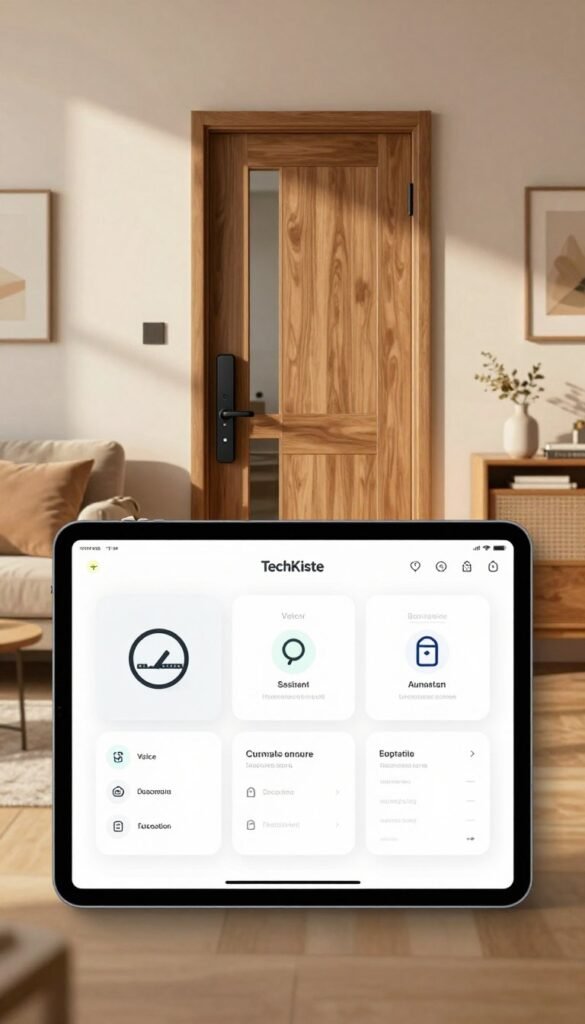 A sleek and modern smart home app interface displayed on a tablet, showcasing various features for door automation, with a warm, inviting color palette. In the foreground, the tablet has a user-friendly layout, highlighting options like voice assistant integrations and automation settings. In the middle ground, there is a stylish front door, designed with glass and wood elements, giving a contemporary feel. The background features a cozy living room setting with natural lighting that enhances the warm ambiance. Soft shadows and highlights illuminate the scene, creating an inviting and innovative atmosphere. The brand name "TechKiste" subtly appears on the app screen, embodying a Pinterest-worthy aesthetic with authentic details. A sleek and modern smart home app interface displayed on a tablet, showcasing various features for door automation, with a warm, inviting color palette. In the foreground, the tablet has a user-friendly layout, highlighting options like voice assistant integrations and automation settings. In the middle ground, there is a stylish front door, designed with glass and wood elements, giving a contemporary feel. The background features a cozy living room setting with natural lighting that enhances the warm ambiance. Soft shadows and highlights illuminate the scene, creating an inviting and innovative atmosphere. The brand name "TechKiste" subtly appears on the app screen, embodying a Pinterest-worthy aesthetic with authentic details.