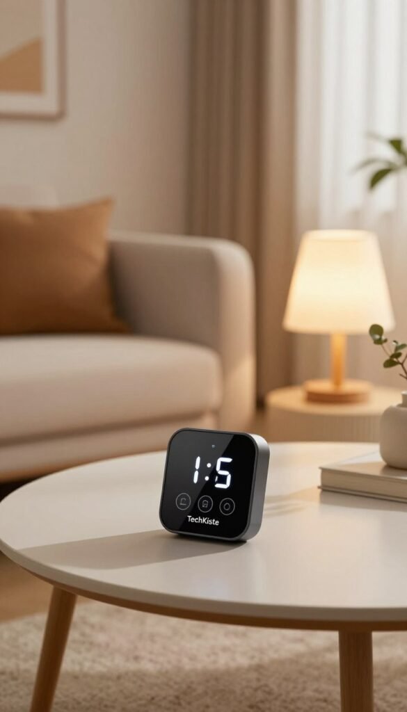 A sleek and modern smart home timer from the brand "TechKiste" prominently displayed in a cozy living room setting. In the foreground, the timer shows an illuminated digital display with elegant buttons. The middle ground features a stylish, minimalist table on which the timer rests, adorned with a soft decorative plant and a warm-toned lamp casting gentle light. In the background, a modern sofa and artwork create a welcoming atmosphere, with a hint of natural light filtering through large windows, enhancing the warm color palette. The overall vibe is inviting and tech-savvy, reflecting the idea of smart home convenience. Capture this image with a soft focus lens to create a warm ambiance, emphasizing the timer as the centerpiece. A sleek and modern smart home timer from the brand "TechKiste" prominently displayed in a cozy living room setting. In the foreground, the timer shows an illuminated digital display with elegant buttons. The middle ground features a stylish, minimalist table on which the timer rests, adorned with a soft decorative plant and a warm-toned lamp casting gentle light. In the background, a modern sofa and artwork create a welcoming atmosphere, with a hint of natural light filtering through large windows, enhancing the warm color palette. The overall vibe is inviting and tech-savvy, reflecting the idea of smart home convenience. Capture this image with a soft focus lens to create a warm ambiance, emphasizing the timer as the centerpiece.