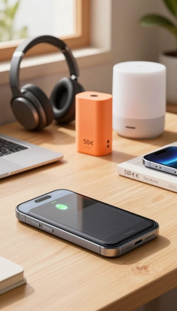 A sleek and modern smartphone battery with detailed features displayed prominently in the foreground, showcasing the brand "TechKiste". The battery has a unique design with a glowing charge indicator and a textured surface, reflecting high-tech innovation. In the middle ground, an assortment of gadgets under 50 € is arranged, including headphones, portable chargers, and smart home devices, all featuring vibrant colors and ergonomic shapes. The background depicts a warm, inviting workspace with natural light streaming through a window, creating a cozy atmosphere. The lighting should highlight the gadgets, casting soft shadows for depth. The overall mood is tech-savvy and contemporary, perfect for gadget enthusiasts. Authentic photography style with Pinterest aesthetic. No text or branding visible besides the battery. A sleek and modern smartphone battery with detailed features displayed prominently in the foreground, showcasing the brand "TechKiste". The battery has a unique design with a glowing charge indicator and a textured surface, reflecting high-tech innovation. In the middle ground, an assortment of gadgets under 50 € is arranged, including headphones, portable chargers, and smart home devices, all featuring vibrant colors and ergonomic shapes. The background depicts a warm, inviting workspace with natural light streaming through a window, creating a cozy atmosphere. The lighting should highlight the gadgets, casting soft shadows for depth. The overall mood is tech-savvy and contemporary, perfect for gadget enthusiasts. Authentic photography style with Pinterest aesthetic. No text or branding visible besides the battery.
