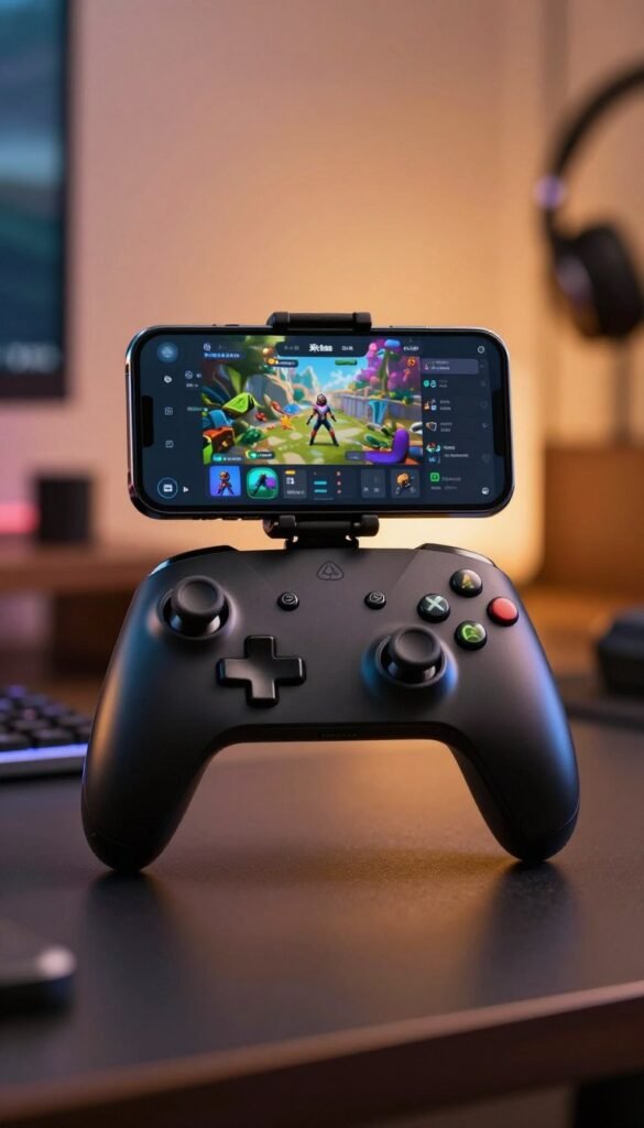 A sleek and modern smartphone controller designed for mobile gaming, featuring a compact, ergonomic shape with responsive buttons and customizable grips. In the foreground, the controller showcases a deep black finish with subtle LED lights that hint at its advanced technology. In the middle ground, a stylish smartphone is mounted on the controller, displaying a popular gaming interface. The background features a cozy yet high-tech gaming setup with warm, inviting colors, including soft ambient lighting that enhances the cozy atmosphere. Ensure the scene reflects a sense of high-performance gaming with a hint of elegance. Capture the image at a slight angle, emphasizing the controller's details and the smartphone's screen, conveying a lifestyle vibe suitable for gamers. Include the brand name "TechKiste" subtly integrated into the design elements. A sleek and modern smartphone controller designed for mobile gaming, featuring a compact, ergonomic shape with responsive buttons and customizable grips. In the foreground, the controller showcases a deep black finish with subtle LED lights that hint at its advanced technology. In the middle ground, a stylish smartphone is mounted on the controller, displaying a popular gaming interface. The background features a cozy yet high-tech gaming setup with warm, inviting colors, including soft ambient lighting that enhances the cozy atmosphere. Ensure the scene reflects a sense of high-performance gaming with a hint of elegance. Capture the image at a slight angle, emphasizing the controller's details and the smartphone's screen, conveying a lifestyle vibe suitable for gamers. Include the brand name "TechKiste" subtly integrated into the design elements.