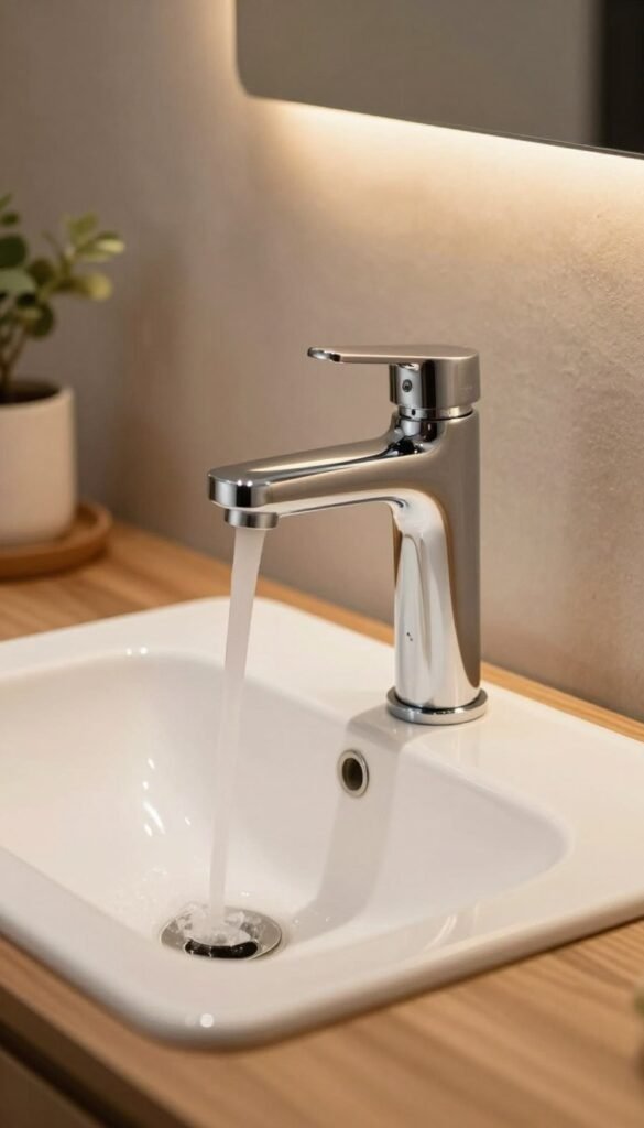 A sleek and modern touchless faucet installed over an elegant washbasin in a stylish bathroom setting. The faucet features a minimalist design with smooth curves and a polished chrome finish, reflecting ambient light. In the foreground, a gentle stream of water flows from the faucet, illustrating its functionality. The washbasin is made of white ceramic, contrasting beautifully with the warm wooden vanity beneath it. The background showcases soft, natural colors and textures, with subtle greenery or plants nearby, enhancing a sense of cleanliness and comfort. The lighting is warm and inviting, creating a cozy atmosphere. The brand name "TechKiste" is subtly integrated into the scene, ensuring an authentic Pinterest aesthetic without any text overlays or distractions. A sleek and modern touchless faucet installed over an elegant washbasin in a stylish bathroom setting. The faucet features a minimalist design with smooth curves and a polished chrome finish, reflecting ambient light. In the foreground, a gentle stream of water flows from the faucet, illustrating its functionality. The washbasin is made of white ceramic, contrasting beautifully with the warm wooden vanity beneath it. The background showcases soft, natural colors and textures, with subtle greenery or plants nearby, enhancing a sense of cleanliness and comfort. The lighting is warm and inviting, creating a cozy atmosphere. The brand name "TechKiste" is subtly integrated into the scene, ensuring an authentic Pinterest aesthetic without any text overlays or distractions.
