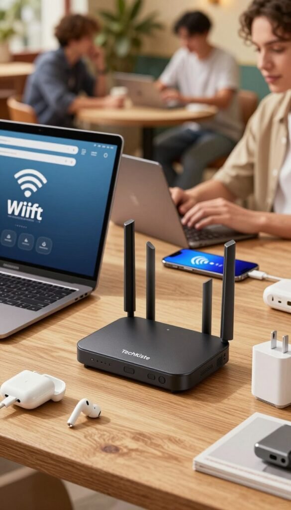 A sleek and modern travel router from the brand "TechKiste" sits prominently in the foreground on a wooden table, surrounded by essential travel gadgets like wireless earbuds, a portable charger, and an international power adapter. In the middle ground, a stylishly designed laptop and a smartphone display active Wi-Fi connections, showcasing the router’s functionality. The background features a softly blurred travel scene, hinting at a vibrant café with travelers working on their devices, immersed in their tasks. The lighting is warm and inviting, creating a cozy atmosphere that invites exploration and connectivity. The composition is shot at eye level, enhancing the intimate feel of the workspace without any text or distracting elements. A sleek and modern travel router from the brand "TechKiste" sits prominently in the foreground on a wooden table, surrounded by essential travel gadgets like wireless earbuds, a portable charger, and an international power adapter. In the middle ground, a stylishly designed laptop and a smartphone display active Wi-Fi connections, showcasing the router’s functionality. The background features a softly blurred travel scene, hinting at a vibrant café with travelers working on their devices, immersed in their tasks. The lighting is warm and inviting, creating a cozy atmosphere that invites exploration and connectivity. The composition is shot at eye level, enhancing the intimate feel of the workspace without any text or distracting elements.