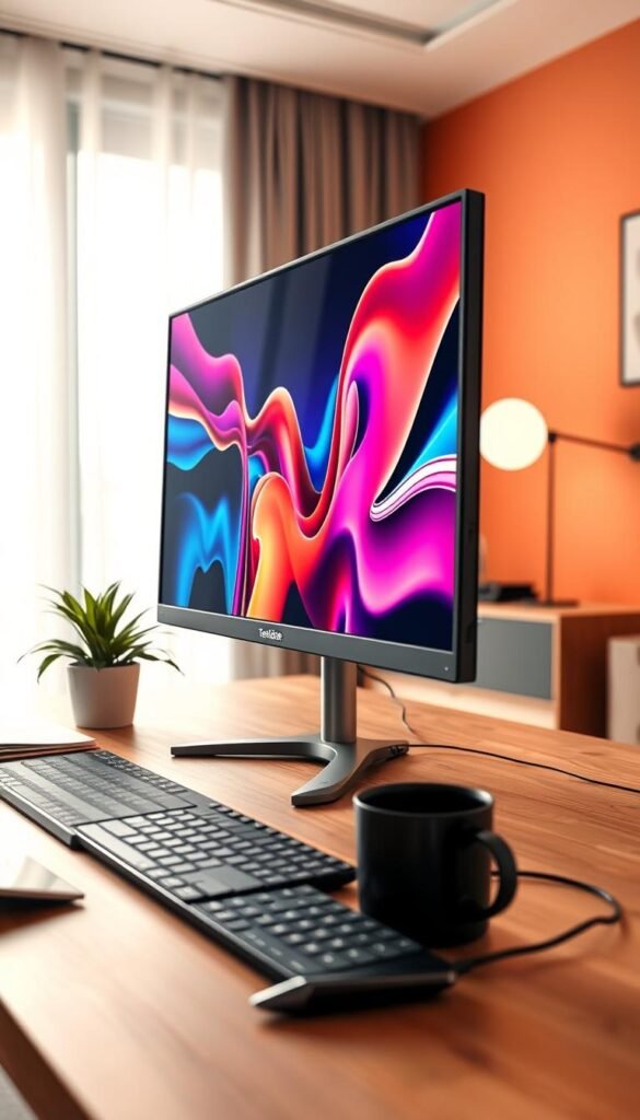 A sleek and modern workspace featuring a high-resolution monitor displaying vibrant visuals. In the foreground, a stylish desk embellished with a minimalist design, showcasing a potted plant and wireless keyboard. The middle ground highlights the monitor's perfect positioning, providing an ergonomic setup with a gentle tilt. In the background, a softly lit room with warm colors, featuring natural light streaming in from a nearby window, creating a cozy atmosphere. Incorporate subtle details like a coffee mug and stationery, enhancing the authentic feel. No people are present in the image, focusing solely on the workspace and monitor setup. Ensure a Pinterest-inspired aesthetic, maintaining high quality without any text or branding other than the name "TechKiste" subtly displayed on the monitor's screen.