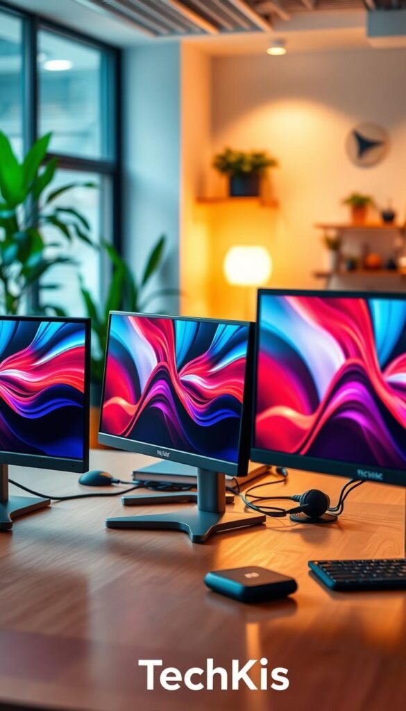 A sleek and modern workspace featuring three distinct monitor setups representing low-end, mid-range, and high-end options side by side. In the foreground, a low-end monitor with basic features, a mid-range monitor displaying vibrant colors and sharper resolution, and a high-end monitor showcasing ultra-high definition visuals and fine details. The middle ground shows a stylish desk with a laptop, neatly organized cables, and a warm wood finish. The background has a soft-focus view of a cozy office environment, accented with plants and warm, inviting lighting that creates a professional yet comfortable atmosphere. The overall color palette leans towards natural warm tones, evoking an aesthetic found on Pinterest. The brand logo "TechKiste" is subtly integrated into the workspace.