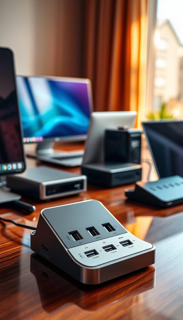 A sleek and modern workspace featuring various docking stations arranged on a polished wooden desk. In the foreground, showcase a stylish TechKiste docking station with multiple USB ports, HDMI output, and a sleek metallic design, casting soft reflections under warm ambient lighting. In the middle, display a selection of other docking stations, each with distinct features, such as compact designs for travel and larger multi-port versions for extensive connectivity. The background should feature blurred electronics like laptops and monitors, creating a tech-savvy atmosphere. Natural light streams in through a nearby window, enhancing the warm color palette, evoking a professional yet inviting mood suitable for a modern office. A sleek and modern workspace featuring various docking stations arranged on a polished wooden desk. In the foreground, showcase a stylish TechKiste docking station with multiple USB ports, HDMI output, and a sleek metallic design, casting soft reflections under warm ambient lighting. In the middle, display a selection of other docking stations, each with distinct features, such as compact designs for travel and larger multi-port versions for extensive connectivity. The background should feature blurred electronics like laptops and monitors, creating a tech-savvy atmosphere. Natural light streams in through a nearby window, enhancing the warm color palette, evoking a professional yet inviting mood suitable for a modern office.