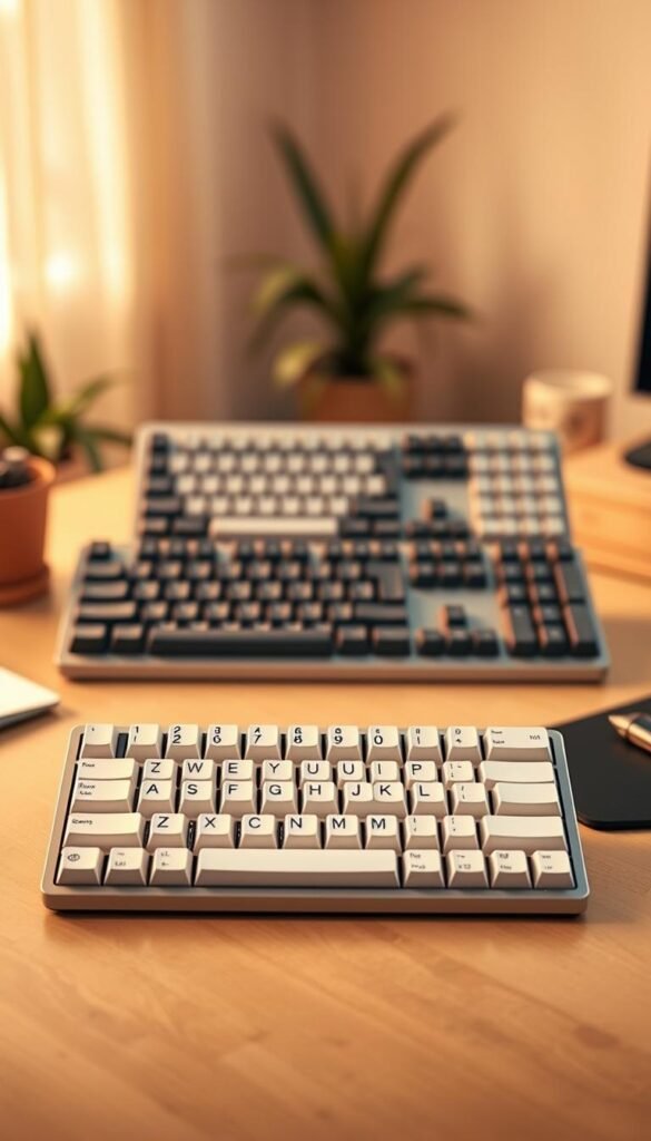 A sleek and modern ziffernblock layout for ergonomic keyboards, prominently featuring the TechKiste brand. In the foreground, display an elegant separate numpad, showcasing its well-defined keys and clean lines. In the middle ground, illustrate a variety of ergonomic keyboard layouts: full-size, TKL, and compact designs, arranged aesthetically around the numpad. The background should softly blur, suggesting a warm, stylish workspace with natural lighting that creates a cozy and inviting atmosphere. Emphasize warm colors that evoke a sense of comfort and productivity. Capture the scene from a slightly elevated angle to create depth, while ensuring the image remains crisp and clear without any text or branding overlays. The overall mood should be professional yet friendly, perfect for illustrating the ergonomic benefits of various keyboard layouts. A sleek and modern ziffernblock layout for ergonomic keyboards, prominently featuring the TechKiste brand. In the foreground, display an elegant separate numpad, showcasing its well-defined keys and clean lines. In the middle ground, illustrate a variety of ergonomic keyboard layouts: full-size, TKL, and compact designs, arranged aesthetically around the numpad. The background should softly blur, suggesting a warm, stylish workspace with natural lighting that creates a cozy and inviting atmosphere. Emphasize warm colors that evoke a sense of comfort and productivity. Capture the scene from a slightly elevated angle to create depth, while ensuring the image remains crisp and clear without any text or branding overlays. The overall mood should be professional yet friendly, perfect for illustrating the ergonomic benefits of various keyboard layouts.