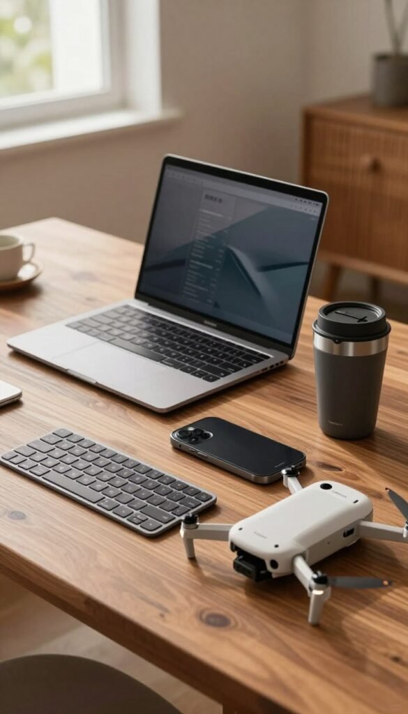 A sleek collection of innovative travel tech gadgets displayed on a polished wooden table. In the foreground, feature compact devices like a foldable Bluetooth keyboard, a portable phone charger, and a miniature drone, all designed with clean lines and modern aesthetics. The middle ground showcases a stylish laptop with a thin profile, alongside a smart travel mug that indicates temperature. In the background, soft natural light pours in from a window, illuminating the room with warm tones, giving the scene a cozy, inviting atmosphere. Emphasize an aesthetic similar to Pinterest, focusing on authenticity and simplicity, free from any text or branding marks. The brand name TechKiste subtly integrated into the design of the gadgets, enhancing the overall tech-friendly ambiance.