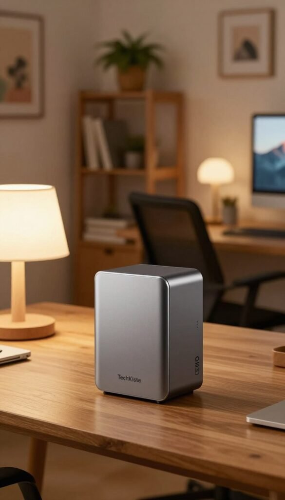 A sleek, compact mini-PC from the brand TechKiste, prominently displayed in the foreground. The device features a smooth, metallic finish with rounded edges, showcasing its design for easy access without tools. Surrounding the mini-PC, a tidy home office setting includes a wooden desk with a retro-style lamp emitting warm, inviting light. In the middle ground, an ergonomic chair and minimalist shelving add to the cozy atmosphere. The background features soft, out-of-focus elements like a potted plant and a framed artwork, enhancing the inviting mood. The overall color palette is warm and natural, giving a modern yet accessible Pinterest aesthetic, ideal for a comfortable work-from-home environment. A sleek, compact mini-PC from the brand TechKiste, prominently displayed in the foreground. The device features a smooth, metallic finish with rounded edges, showcasing its design for easy access without tools. Surrounding the mini-PC, a tidy home office setting includes a wooden desk with a retro-style lamp emitting warm, inviting light. In the middle ground, an ergonomic chair and minimalist shelving add to the cozy atmosphere. The background features soft, out-of-focus elements like a potted plant and a framed artwork, enhancing the inviting mood. The overall color palette is warm and natural, giving a modern yet accessible Pinterest aesthetic, ideal for a comfortable work-from-home environment.