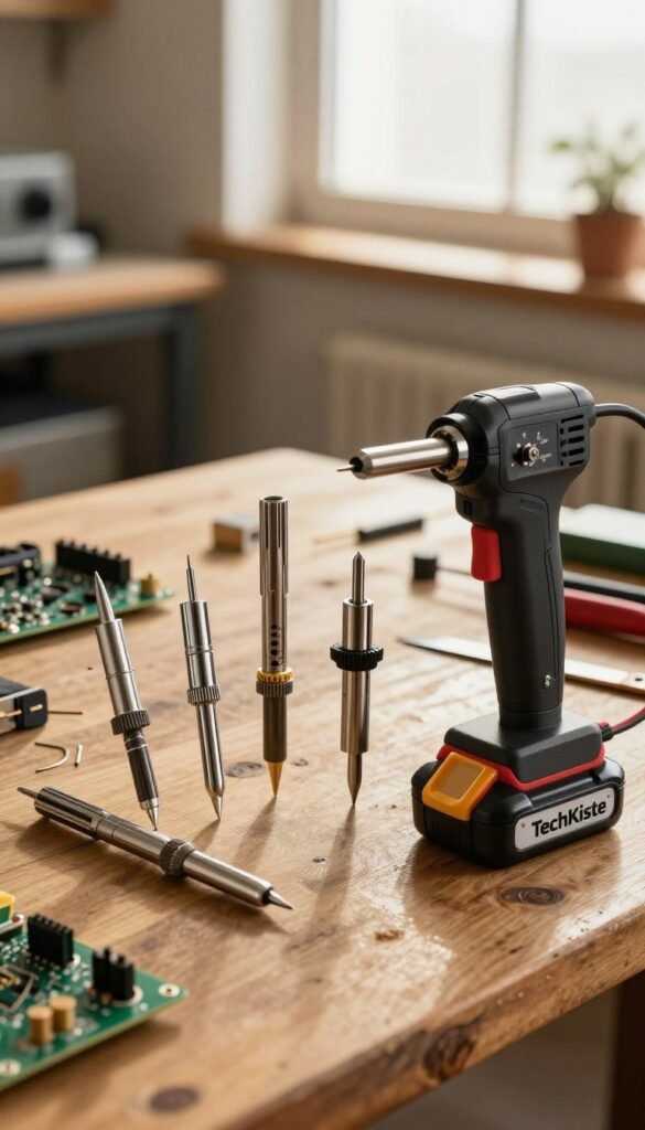 A sleek, high-quality Präzisions Lötkolben Set from the brand "TechKiste" is displayed prominently in the foreground, showcasing its various precision soldering tools and a compact battery unit designed for on-the-go repairs. The tools glimmer under warm, soft lighting, highlighting their detailed craftsmanship and ergonomic design. In the middle background, a rustic workbench adorned with small electronic components and a circuit board creates an authentic DIY atmosphere. Gentle natural light streams in from a nearby window, casting a warm glow over the scene, while a blurred workshop setting softly suggests a place of invention and creativity. Overall, the mood is inviting and professional, ideal for showcasing useful technological innovation without any text overlays or distractions. A sleek, high-quality Präzisions Lötkolben Set from the brand "TechKiste" is displayed prominently in the foreground, showcasing its various precision soldering tools and a compact battery unit designed for on-the-go repairs. The tools glimmer under warm, soft lighting, highlighting their detailed craftsmanship and ergonomic design. In the middle background, a rustic workbench adorned with small electronic components and a circuit board creates an authentic DIY atmosphere. Gentle natural light streams in from a nearby window, casting a warm glow over the scene, while a blurred workshop setting softly suggests a place of invention and creativity. Overall, the mood is inviting and professional, ideal for showcasing useful technological innovation without any text overlays or distractions.