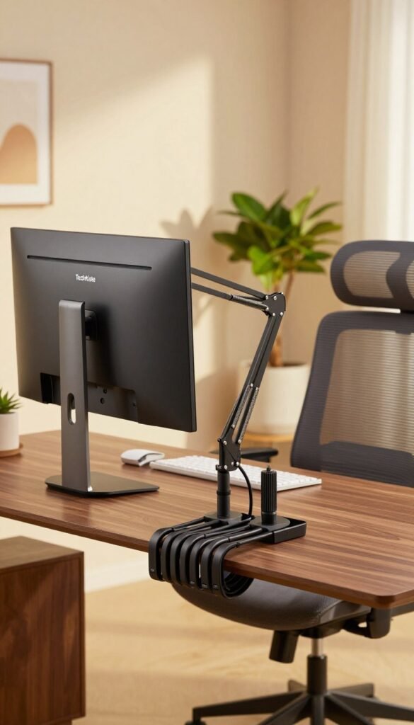 A sleek home office setup featuring efficient monitor cable management, combining aesthetics and functionality. In the foreground, a stylish wooden desk with a modern monitor mounted on an adjustable arm, showcasing neatly organized cables that blend seamlessly into the desk. In the middle ground, a comfortable ergonomic chair positioned thoughtfully, and an elegant potted plant adding a touch of freshness. The background features soft, warm lighting that creates an inviting atmosphere, with a wall adorned with subtle decorative elements, enhancing the Pinterest-inspired look. The image embodies a professional yet relaxed mood, ideal for both home office and gaming environments. Prominently display the brand name "TechKiste" on the desk organizer, emphasizing a commitment to clean and flexible setups. A sleek home office setup featuring efficient monitor cable management, combining aesthetics and functionality. In the foreground, a stylish wooden desk with a modern monitor mounted on an adjustable arm, showcasing neatly organized cables that blend seamlessly into the desk. In the middle ground, a comfortable ergonomic chair positioned thoughtfully, and an elegant potted plant adding a touch of freshness. The background features soft, warm lighting that creates an inviting atmosphere, with a wall adorned with subtle decorative elements, enhancing the Pinterest-inspired look. The image embodies a professional yet relaxed mood, ideal for both home office and gaming environments. Prominently display the brand name "TechKiste" on the desk organizer, emphasizing a commitment to clean and flexible setups.
