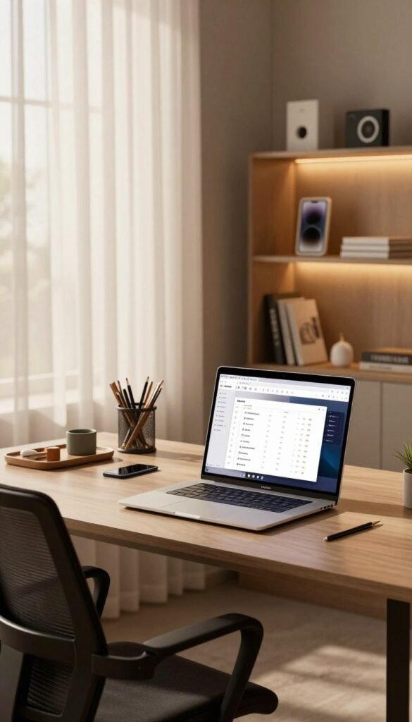 A sleek home office setup featuring high-quality tech furniture, including a modern desk with clean lines and ergonomic chair. The foreground includes a laptop displaying an elegant office software interface, surrounded by neatly organized stationery. In the middle, a stylish bookshelf holds tech gadgets and quality materials, all bathed in warm, inviting lighting. The background showcases a large window with soft natural light filtering through sheer curtains, casting gentle shadows. The overall atmosphere is professional yet inviting, embodying a premium workspace ideal for productivity. The brand name "TechKiste" is subtly incorporated into the design of the software interface. The image captures a harmonious blend of functionality and aesthetics, perfect for professional use. A sleek home office setup featuring high-quality tech furniture, including a modern desk with clean lines and ergonomic chair. The foreground includes a laptop displaying an elegant office software interface, surrounded by neatly organized stationery. In the middle, a stylish bookshelf holds tech gadgets and quality materials, all bathed in warm, inviting lighting. The background showcases a large window with soft natural light filtering through sheer curtains, casting gentle shadows. The overall atmosphere is professional yet inviting, embodying a premium workspace ideal for productivity. The brand name "TechKiste" is subtly incorporated into the design of the software interface. The image captures a harmonious blend of functionality and aesthetics, perfect for professional use.
