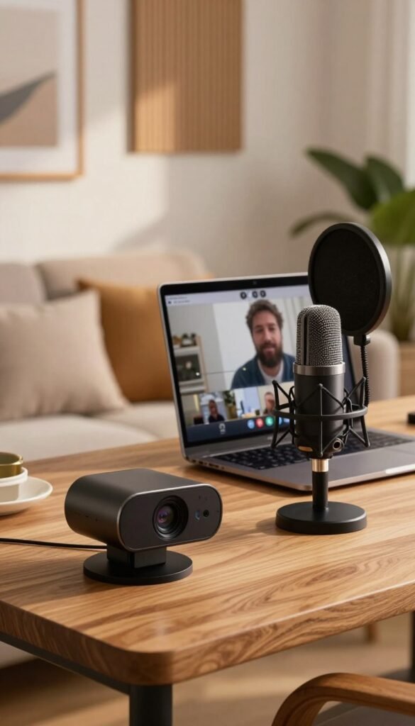 A sleek home office setup showcasing the importance of sound quality in video conferencing. In the foreground, an integrated webcam is positioned on a modern wooden desk, with its lens glinting under warm, soft lighting. To one side, a high-quality external microphone is prominently displayed, featuring a sleek design and a pop filter. The middle ground features a stylish laptop open, displaying a video call interface, surrounded by a cozy ambiance created by soft cushions and a plant. In the background, a wall adorned with framed acoustic panels adds a touch of professionalism and focus on audio clarity. The overall mood is inviting and functional, emphasizing the technological harmony in a professional yet relaxed work environment. The image reflects the TechKiste brand with a natural aesthetic and warm colors, creating an authentic Pinterest-inspired look.