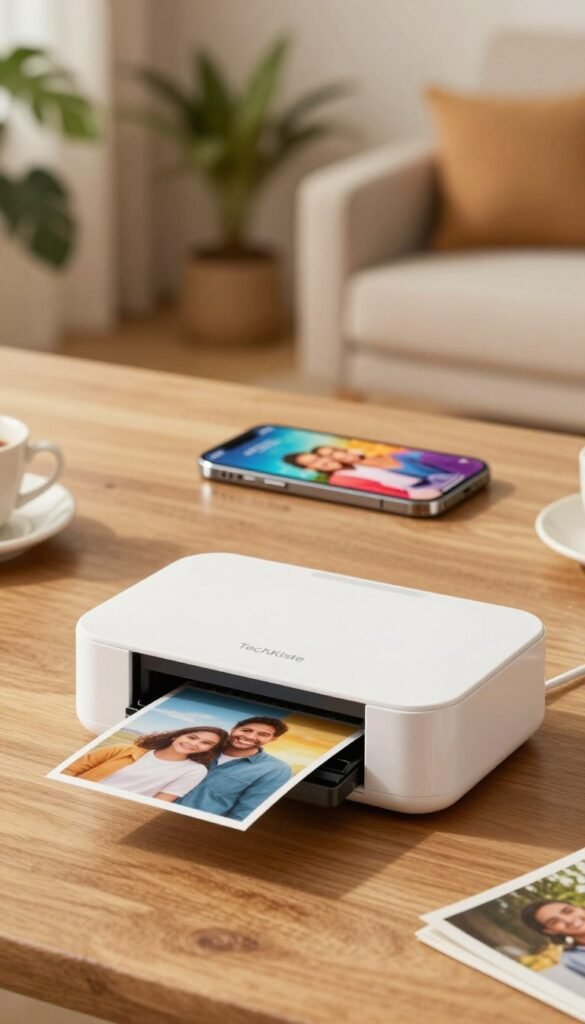 A sleek mobile photo printer designed for smartphones, prominently displayed in the foreground with warm, inviting natural colors. The printer features a compact, modern design with smooth edges and a glossy finish, set against a wooden table. In the middle ground, a smartphone with a vibrant, colorful photo being printed, adding a dynamic element to the scene. In the background, soft-focus elements of a cozy living room, including plants and warm lighting, create a relaxed atmosphere. A hint of a family enjoying printed photos together can be seen, dressed in casual clothing that reflects a friendly, inviting mood. The brand name "TechKiste" is subtly incorporated into the design of the printer, enhancing brand visibility without being overt. A sleek mobile photo printer designed for smartphones, prominently displayed in the foreground with warm, inviting natural colors. The printer features a compact, modern design with smooth edges and a glossy finish, set against a wooden table. In the middle ground, a smartphone with a vibrant, colorful photo being printed, adding a dynamic element to the scene. In the background, soft-focus elements of a cozy living room, including plants and warm lighting, create a relaxed atmosphere. A hint of a family enjoying printed photos together can be seen, dressed in casual clothing that reflects a friendly, inviting mood. The brand name "TechKiste" is subtly incorporated into the design of the printer, enhancing brand visibility without being overt.