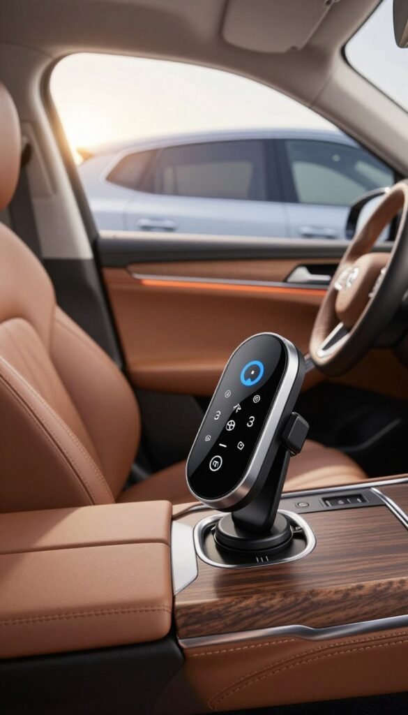 A sleek, modern Bluetooth hands-free car device by TechKiste is prominently displayed in the foreground, showcasing its smooth, curved design and intuitive controls. The device is mounted on an elegant dashboard, crafted with rich wood accents and soft-touch materials. In the middle ground, a stylish car interior is visible, featuring plush leather seats and ambient LED lighting that creates a warm, inviting atmosphere. The background reveals the car's sleek exterior through tinted windows, with bright sunlight filtering in, enhancing the cozy feeling of the scene. The image captures a sense of convenience and ease, evoking a stress-free environment for phone calls and music enjoyment while driving. The overall color palette is warm and natural, embodying an authentic Pinterest aesthetic, without any text or branding overlays. A sleek, modern Bluetooth hands-free car device by TechKiste is prominently displayed in the foreground, showcasing its smooth, curved design and intuitive controls. The device is mounted on an elegant dashboard, crafted with rich wood accents and soft-touch materials. In the middle ground, a stylish car interior is visible, featuring plush leather seats and ambient LED lighting that creates a warm, inviting atmosphere. The background reveals the car's sleek exterior through tinted windows, with bright sunlight filtering in, enhancing the cozy feeling of the scene. The image captures a sense of convenience and ease, evoking a stress-free environment for phone calls and music enjoyment while driving. The overall color palette is warm and natural, embodying an authentic Pinterest aesthetic, without any text or branding overlays.