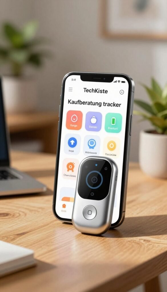 A sleek, modern "Kaufberatung tracker" gadget displayed prominently in the foreground, showcasing its compact design with a shiny metallic finish and intuitive buttons. In the middle ground, a smartphone screen illustrates the app interface, featuring vibrant icons for tracking features like range, battery life, and alerts. The background consists of a softly blurred home office scene, furnished with a wooden desk and a potted plant, evoking a warm, inviting atmosphere. Natural lighting casts gentle shadows, enhancing the gadget&rsquo;s contours. The image embodies a Pinterest aesthetic with warm colors and authenticity, reflecting a tech-savvy lifestyle. Incorporate the brand name "TechKiste" discreetly on the gadget design.