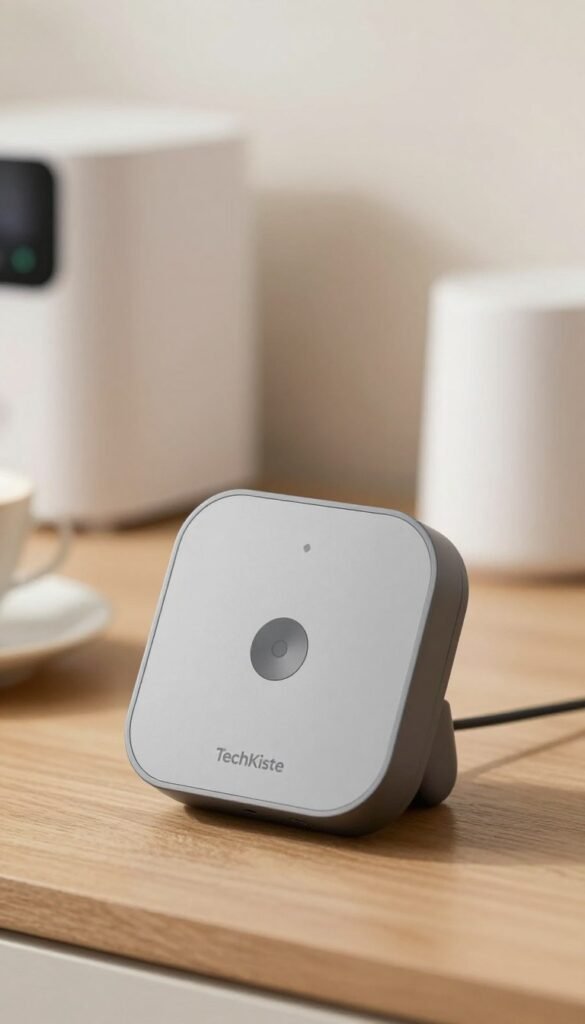 A sleek, modern Matter Controller device sits prominently in the foreground, showcasing its elegant design with clean lines and a matte finish. Behind it, a softly blurred background features various smart home devices, subtly hinting at connectivity and technology integration. Warm, natural lighting envelops the scene, creating a cozy atmosphere that evokes a sense of innovation and comfort. The angle is slightly elevated, emphasizing the Matter Controller while giving depth to the background. A soft focus enhances the image&rsquo;s Pinterest-like aesthetic, ensuring authenticity and warmth. The brand name "TechKiste" is subtly integrated into the design of the Matter Controller, but does not overpower the visual impact, making the entire image engaging and professionally appealing.