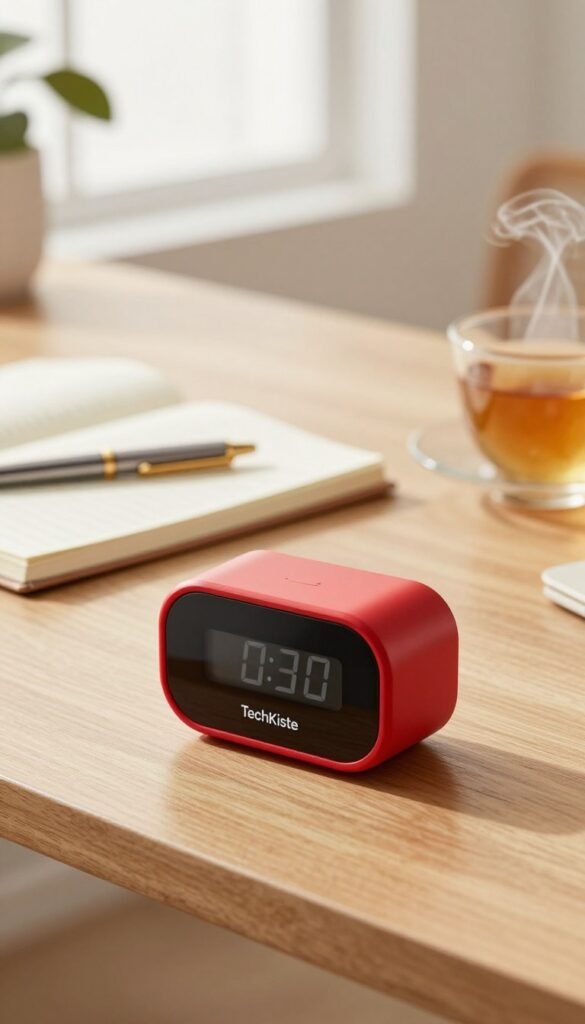 A sleek, modern Pomodoro timer sits on a minimalistic wooden desk, featuring a vibrant red exterior with a digital countdown display. The foreground showcases the shiny timer, accented with subtle reflections of ambient light, emphasizing its polished finish. In the middle ground, a soft-focus notebook and a stylish pen lay open, alongside a cup of steaming herbal tea, creating an inviting workspace atmosphere. The background is softly blurred, hinting at a bright, airy room bathed in warm, natural light filtering through large windows. The scene conveys a tranquil mood, encouraging focus and productivity, embodying an authentic Pinterest aesthetic. The brand name "TechKiste" is subtly integrated into the design of the timer without any text in the image. A sleek, modern Pomodoro timer sits on a minimalistic wooden desk, featuring a vibrant red exterior with a digital countdown display. The foreground showcases the shiny timer, accented with subtle reflections of ambient light, emphasizing its polished finish. In the middle ground, a soft-focus notebook and a stylish pen lay open, alongside a cup of steaming herbal tea, creating an inviting workspace atmosphere. The background is softly blurred, hinting at a bright, airy room bathed in warm, natural light filtering through large windows. The scene conveys a tranquil mood, encouraging focus and productivity, embodying an authentic Pinterest aesthetic. The brand name "TechKiste" is subtly integrated into the design of the timer without any text in the image.