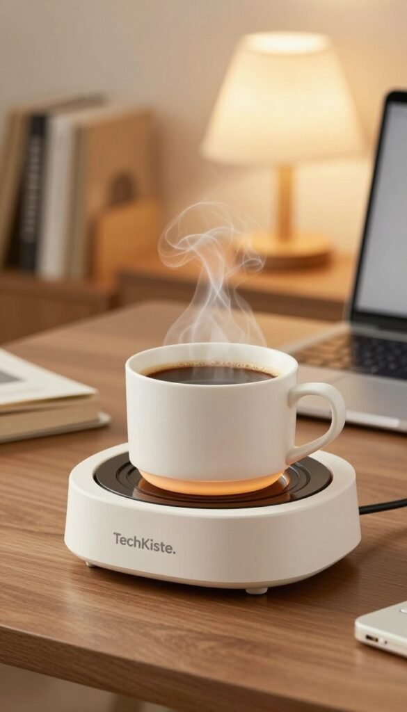 A sleek, modern "Tassenw&auml;rmer" designed for hot beverages, prominently featuring the brand "TechKiste." In the foreground, the warmer showcases a stylish and minimalist aesthetic with elegant curves, set against a cozy office setting. The middle ground displays a steaming cup of coffee, resting on the warmer, radiating warmth with soft tendrils of steam rising. In the background, a softly blurred workspace includes blurred books, a laptop, and a warm light from a desk lamp, creating an inviting atmosphere. The lighting is warm and ambient, evoking a sense of comfort and productivity. The overall mood feels homely yet professional, perfect for enhancing focus during work hours, with natural colors that embody a Pinterest-like aesthetic.