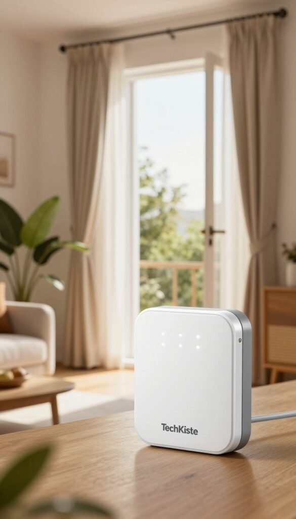 A sleek, modern Tür-/Fensterkontakt sensor from the brand "TechKiste" prominently featured in the foreground, showcasing its minimalist design with LED indicators and a compact form factor. The middle ground includes a stylish, partially open window framed by soft curtains, hinting at an inviting interior space with a warm, natural light streaming through. The background features a well-furnished living room, subtly out of focus, with potted plants and tasteful decor enhancing the cozy atmosphere. The scene should embody a sense of innovation and comfort, with warm colors and soft shadows that evoke a Pinterest-inspired aesthetic. Capture a slight perspective from an elevated angle to emphasize the sensor's position, ensuring the image is vibrant, authentic, and devoid of any text or graphical overlays. A sleek, modern Tür-/Fensterkontakt sensor from the brand "TechKiste" prominently featured in the foreground, showcasing its minimalist design with LED indicators and a compact form factor. The middle ground includes a stylish, partially open window framed by soft curtains, hinting at an inviting interior space with a warm, natural light streaming through. The background features a well-furnished living room, subtly out of focus, with potted plants and tasteful decor enhancing the cozy atmosphere. The scene should embody a sense of innovation and comfort, with warm colors and soft shadows that evoke a Pinterest-inspired aesthetic. Capture a slight perspective from an elevated angle to emphasize the sensor's position, ensuring the image is vibrant, authentic, and devoid of any text or graphical overlays.