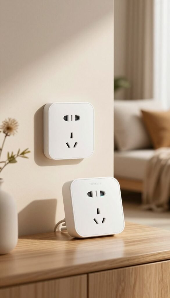 A sleek, modern WLAN smart Wi-Fi socket designed for home automation, prominently featuring the brand "TechKiste." In the foreground, the smart socket showcases an elegant, user-friendly interface, with glowing LED indicators. The mid-ground includes a stylish, minimalistic wall outlet for easy installation, surrounded by domestic elements like a cozy living room setting, highlighting warm wood accents and soft textiles. The background features a softly lit room with natural light filtering in through a window, casting gentle shadows that create an inviting atmosphere. The overall color palette is warm and natural, enhancing the authentic Pinterest aesthetic, evoking a sense of effortless modern living. Emphasize a serene and functional mood, focusing solely on smart home technology without any text or distractions. A sleek, modern WLAN smart Wi-Fi socket designed for home automation, prominently featuring the brand "TechKiste." In the foreground, the smart socket showcases an elegant, user-friendly interface, with glowing LED indicators. The mid-ground includes a stylish, minimalistic wall outlet for easy installation, surrounded by domestic elements like a cozy living room setting, highlighting warm wood accents and soft textiles. The background features a softly lit room with natural light filtering in through a window, casting gentle shadows that create an inviting atmosphere. The overall color palette is warm and natural, enhancing the authentic Pinterest aesthetic, evoking a sense of effortless modern living. Emphasize a serene and functional mood, focusing solely on smart home technology without any text or distractions.