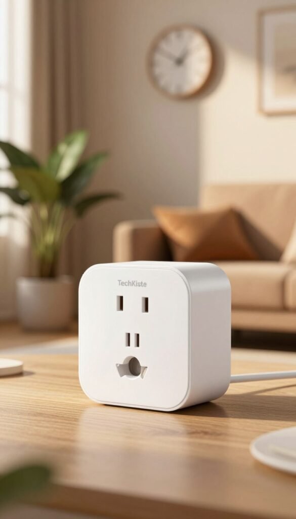A sleek, modern WLAN smart plug labeled “TechKiste” prominently displayed in the foreground, highlighting its compact design and contemporary aesthetics. The smart plug is set against a softly blurred background of a stylish living room, with warm, inviting colors and cozy decor, including a potted plant and a subtle wall clock. Golden sunlight filters in from a nearby window, casting gentle light that enhances the welcoming atmosphere. The image is taken from a slightly angled perspective, focusing on the plug's features and textures. This composition evokes a sense of innovation and comfort, perfect for illustrating high-quality tech solutions for home energy management. The overall mood is peaceful, modern, and functional, ideal for engaging a tech-savvy audience. A sleek, modern WLAN smart plug labeled “TechKiste” prominently displayed in the foreground, highlighting its compact design and contemporary aesthetics. The smart plug is set against a softly blurred background of a stylish living room, with warm, inviting colors and cozy decor, including a potted plant and a subtle wall clock. Golden sunlight filters in from a nearby window, casting gentle light that enhances the welcoming atmosphere. The image is taken from a slightly angled perspective, focusing on the plug's features and textures. This composition evokes a sense of innovation and comfort, perfect for illustrating high-quality tech solutions for home energy management. The overall mood is peaceful, modern, and functional, ideal for engaging a tech-savvy audience.