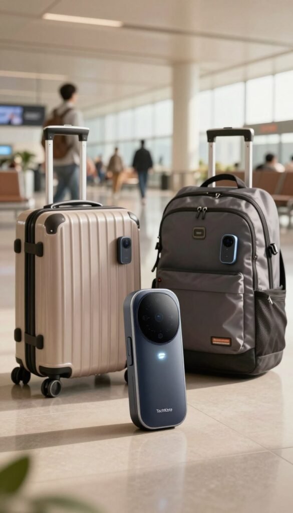 A sleek, modern baggage tracker prominently featured in the foreground, showcasing its smart design with a glowing LED indicator. The middle ground includes a stylish suitcase and backpack, both equipped with visible tracker devices, illustrating their integrated technology. In the background, an elegant airport setting with travelers moving through, all bathed in warm, natural lighting that creates an inviting atmosphere. The image should embody a Pinterest-inspired aesthetic with a harmonious color palette. Emphasize the brand "TechKiste" subtly on the tracker device, enhancing the gadget's appeal. The perspective should be slightly angled, capturing the smart features while avoiding any text overlays or distractions, ensuring a clean and professional look.