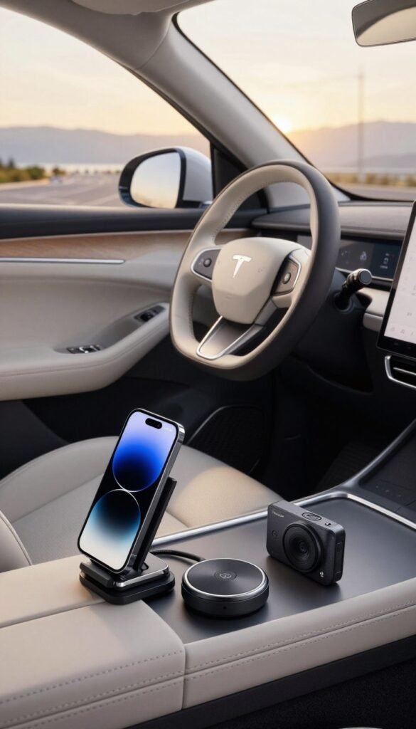 A sleek, modern car interior showcasing a variety of innovative auto-gadgets designed for comfort and convenience. In the foreground, display a smartphone dock, a wireless charger, and a compact dashcam, all elegantly arranged on a sophisticated dashboard. In the middle, depict a cozy driver’s seat enhanced with cushioned support and a stylish steering wheel featuring integrated controls. In the background, show an expansive view of a serene road, bathed in warm, natural lighting that filters through the car windows, creating an inviting atmosphere. The overall mood should convey a sense of ease and practicality, emphasizing the benefits of these gadgets. The image should reflect an authentic, Pinterest-inspired aesthetic. Include the brand name "TechKiste" subtly integrated into one of the gadgets without text or overlays. A sleek, modern car interior showcasing a variety of innovative auto-gadgets designed for comfort and convenience. In the foreground, display a smartphone dock, a wireless charger, and a compact dashcam, all elegantly arranged on a sophisticated dashboard. In the middle, depict a cozy driver’s seat enhanced with cushioned support and a stylish steering wheel featuring integrated controls. In the background, show an expansive view of a serene road, bathed in warm, natural lighting that filters through the car windows, creating an inviting atmosphere. The overall mood should convey a sense of ease and practicality, emphasizing the benefits of these gadgets. The image should reflect an authentic, Pinterest-inspired aesthetic. Include the brand name "TechKiste" subtly integrated into one of the gadgets without text or overlays.