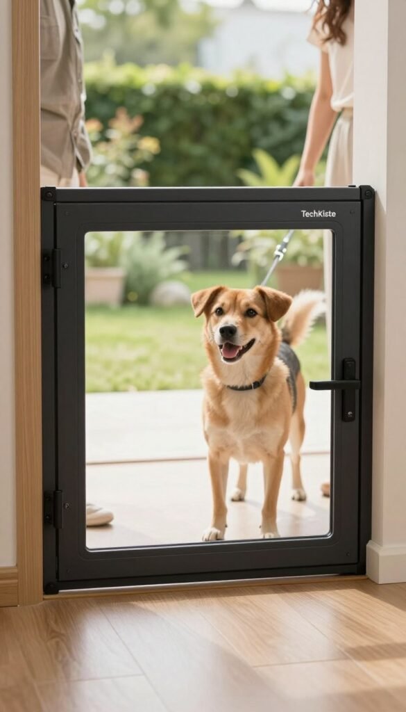 A sleek, modern dog flap designed for pets with a microchip feature, displayed prominently in the foreground. The flap is black with a transparent, sturdy door, showcasing its high-tech design and functionality. In the middle ground, a happy, playful dog of medium size stands beside the door, looking eagerly at its owner, capturing the essence of freedom and accessibility. The background features a sunny, cozy home environment with a lush green garden visible through the dog flap, enhancing the warm and inviting atmosphere. Soft, natural lighting illuminates the scene, creating a Pinterest-worthy, authentic look. The brand name "TechKiste" is subtly integrated into the design of the dog flap, emphasizing its innovative nature.