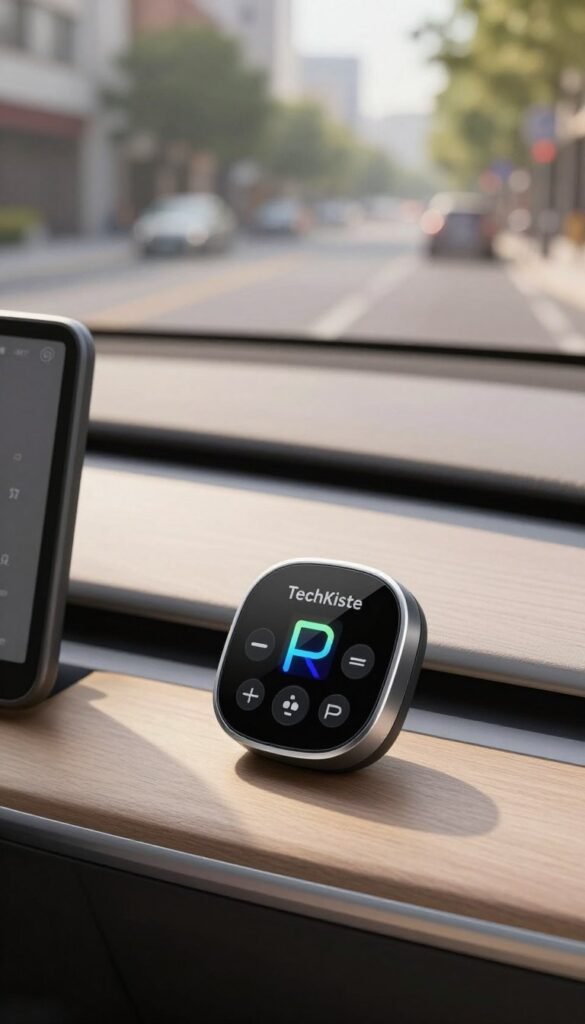 A sleek, modern electronic parking disc titled "TechKiste" prominently displayed in a clean, sunlit car interior. In the foreground, the electronic device showcases a vibrant LED display with buttons for easy tuning. The middle ground features a stylish car dashboard with soft, warm colors and a hint of sunlight filtering through the windshield, casting natural light on the parking disc. The background reveals a blurred view of a quiet urban street, evoking a sense of serenity and modern living. The overall atmosphere is warm and inviting, enhancing the practical yet innovative essence of the product. Capture the scene using a slight angle for depth, with a focus on simplicity and elegance, ensuring the image conveys efficiency and modern technology without any text or distractions. A sleek, modern electronic parking disc titled "TechKiste" prominently displayed in a clean, sunlit car interior. In the foreground, the electronic device showcases a vibrant LED display with buttons for easy tuning. The middle ground features a stylish car dashboard with soft, warm colors and a hint of sunlight filtering through the windshield, casting natural light on the parking disc. The background reveals a blurred view of a quiet urban street, evoking a sense of serenity and modern living. The overall atmosphere is warm and inviting, enhancing the practical yet innovative essence of the product. Capture the scene using a slight angle for depth, with a focus on simplicity and elegance, ensuring the image conveys efficiency and modern technology without any text or distractions.