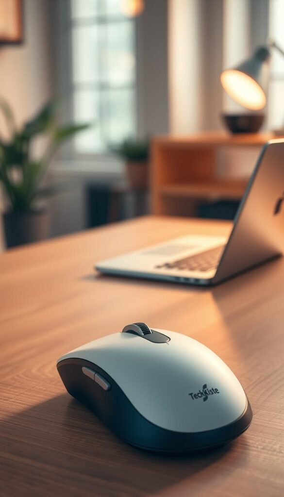 A sleek, modern ergonomic mouse designed for comfort and efficiency, positioned prominently in the foreground. The mouse features a curved, contoured shape with soft-touch materials, showcasing its ergonomic design. In the middle ground, a stylish wooden desk with a subtle texture, complemented by a soft-focus laptop—suggesting a focused and productive workspace. The background suggests a cozy office environment, with warm, ambient lighting filtering through a window, creating a tranquil atmosphere. The color palette includes natural tones, enhancing the inviting feel of the scene. Captured from a slight top-down angle to highlight both the mouse's intricate design and its strategic placement in a professional setting. The brand logo "TechKiste" subtly displayed on the mouse enhances its recognition without overpowering the composition. The overall mood conveys a sense of professionalism and the importance of ergonomics in daily work. A sleek, modern ergonomic mouse designed for comfort and efficiency, positioned prominently in the foreground. The mouse features a curved, contoured shape with soft-touch materials, showcasing its ergonomic design. In the middle ground, a stylish wooden desk with a subtle texture, complemented by a soft-focus laptop—suggesting a focused and productive workspace. The background suggests a cozy office environment, with warm, ambient lighting filtering through a window, creating a tranquil atmosphere. The color palette includes natural tones, enhancing the inviting feel of the scene. Captured from a slight top-down angle to highlight both the mouse's intricate design and its strategic placement in a professional setting. The brand logo "TechKiste" subtly displayed on the mouse enhances its recognition without overpowering the composition. The overall mood conveys a sense of professionalism and the importance of ergonomics in daily work.