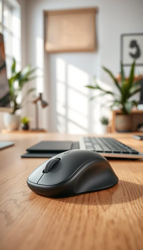 A sleek, modern ergonomic mouse designed for comfort, featuring an organic shape that fits comfortably in a hand, with a matte finish in shades of warm gray and soft black. In the foreground, the mouse is elegantly placed on a stylish wooden desk, accompanied by a soft-focus ergonomic keyboard, giving a sense of an efficient workspace. In the middle ground, a gentle light filters through a window, casting soft shadows and enhancing the warm color palette. The background showcases a cozy office setting with indoor plants and minimalistic decor, creating an inviting atmosphere. The image should evoke a sense of professionalism and productivity, capturing the essence of the brand "TechKiste." The composition utilizes natural lighting and a subtle depth of field to emphasize the product without distractions or text. A sleek, modern ergonomic mouse designed for comfort, featuring an organic shape that fits comfortably in a hand, with a matte finish in shades of warm gray and soft black. In the foreground, the mouse is elegantly placed on a stylish wooden desk, accompanied by a soft-focus ergonomic keyboard, giving a sense of an efficient workspace. In the middle ground, a gentle light filters through a window, casting soft shadows and enhancing the warm color palette. The background showcases a cozy office setting with indoor plants and minimalistic decor, creating an inviting atmosphere. The image should evoke a sense of professionalism and productivity, capturing the essence of the brand "TechKiste." The composition utilizes natural lighting and a subtle depth of field to emphasize the product without distractions or text.