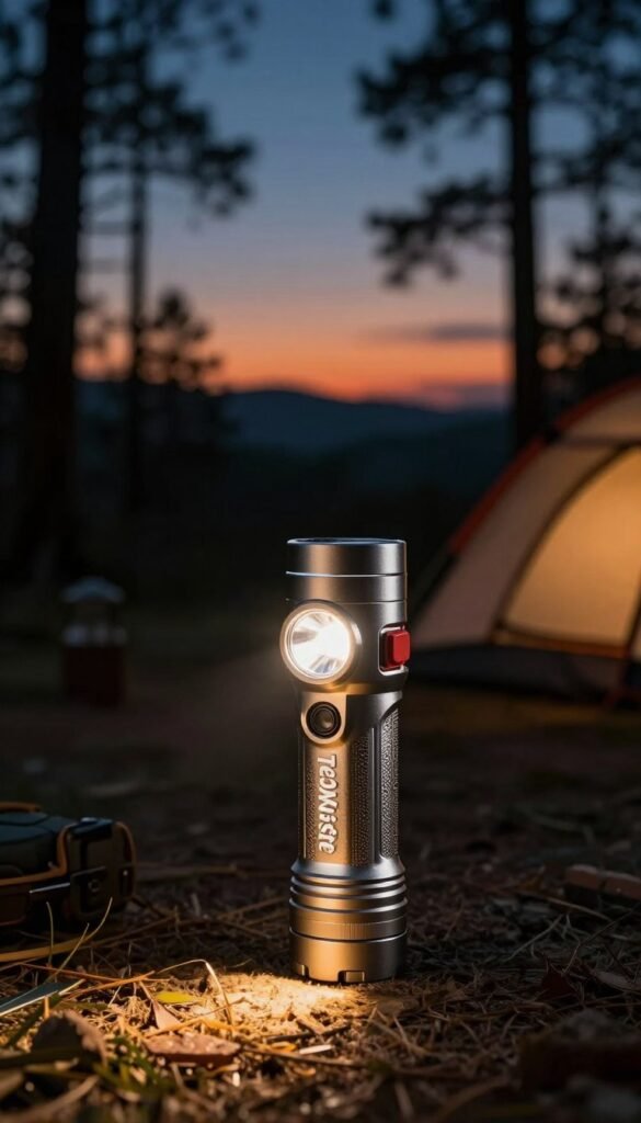 A sleek, modern flashlight designed for rugged outdoor use, featuring a durable aluminum body and a bright LED bulb, showcased prominently in the foreground. The flashlight emits a warm, inviting glow that illuminates its textured surface, highlighting its practical design. In the middle ground, a dimly lit campsite is subtly visible, with shadows of trees and hints of a cozy tent, creating a sense of adventure and exploration. In the background, a softly blurred twilight sky transitions from rich blue to deep orange, suggesting the onset of night. The scene conveys a mood of safety and preparedness, perfect for navigating through the wilderness. The image should embody a Pinterest aesthetic with natural colors and an authentic look, without any text or branding visible. The brand "TechKiste" is implied through the style of the flashlight. A sleek, modern flashlight designed for rugged outdoor use, featuring a durable aluminum body and a bright LED bulb, showcased prominently in the foreground. The flashlight emits a warm, inviting glow that illuminates its textured surface, highlighting its practical design. In the middle ground, a dimly lit campsite is subtly visible, with shadows of trees and hints of a cozy tent, creating a sense of adventure and exploration. In the background, a softly blurred twilight sky transitions from rich blue to deep orange, suggesting the onset of night. The scene conveys a mood of safety and preparedness, perfect for navigating through the wilderness. The image should embody a Pinterest aesthetic with natural colors and an authentic look, without any text or branding visible. The brand "TechKiste" is implied through the style of the flashlight.