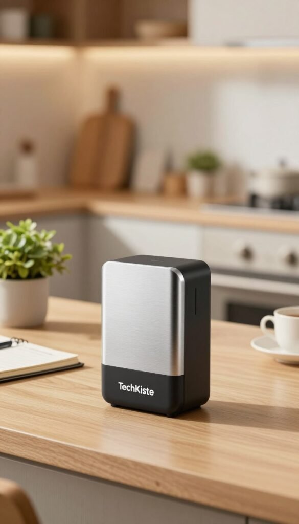 A sleek, modern gadget designed for everyday use, prominently displayed in the foreground. The gadget features a combination of brushed aluminum and smooth, matte black plastic, showcasing its high-tech appeal. In the middle, a cozy home environment with warm lighting highlights a stylish kitchen countertop, adorned with practical features such as a small indoor plant and a notebook for jotting down ideas. The background features soft-focus, inviting hues, reminiscent of a contemporary living space. Shot with a gentle depth of field on a bright day, the lighting casts a warm glow on the gadget, emphasizing its usefulness and aesthetic appeal. The scene encapsulates a lifestyle of convenience, reflecting how tools like these from "TechKiste" enhance the daily routine without being mere playthings.