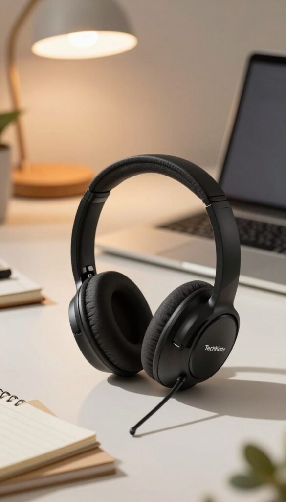 A sleek, modern headset showcased prominently in the foreground, featuring a matte black finish and plush ear cushions, ideal for a home office environment. The background includes a softly blurred desk setup with a stylish laptop, scattered notepads, and a warm-toned desk lamp, creating an inviting atmosphere for productivity. The lighting is warm and natural, casting gentle shadows while accentuating the textures of the headset. The scene should evoke a sense of focus and professionalism, reflective of efficient remote work. Incorporate the brand name &ldquo;TechKiste&rdquo; subtly on the headset. The overall composition should have a Pinterest-inspired aesthetic, emphasizing a cozy yet modern workspace that feels authentic and inspiring for home office setups.
