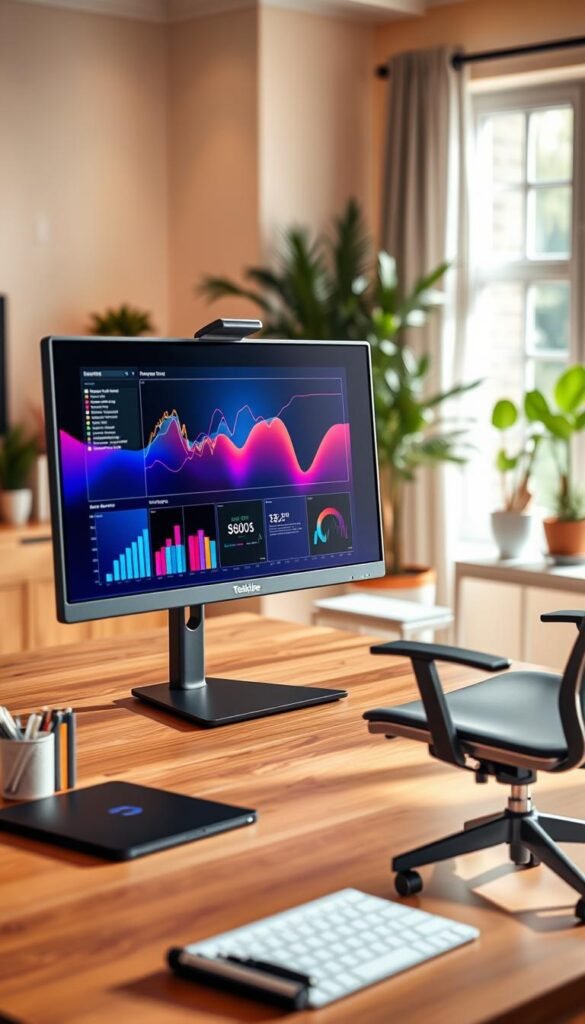A sleek, modern home office scene featuring a high-resolution external monitor from the brand "TechKiste" showcased prominently on a stylish wooden desk. In the foreground, the monitor displays vibrant, colorful graphs and productivity apps, symbolizing enhanced work efficiency. The middle ground includes a comfortable ergonomic chair and an organized workspace with stationery neatly arranged. The background reveals a softly lit room with warm colors, featuring potted plants and a large window allowing natural light to filter in, creating a cozy and inviting atmosphere. The overall mood is professional yet relaxed, perfect for a productive home environment. The composition should be well-balanced, captured from a slightly elevated angle to highlight the monitor's screen and desk arrangement.