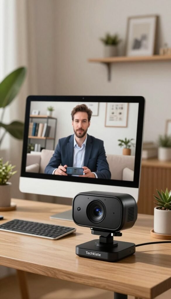 A sleek, modern home office setup featuring a high-quality webcam focused on a computer monitor displaying crisp, high-resolution visuals. The foreground showcases the webcam with a glossy finish, capturing vibrant colors and sharp details. In the middle ground, a user is seated comfortably, dressed in professional business attire, engaged in a video call. The background is a cozy home office, decorated with warm, natural tones, plants, and stylish accessories, creating an inviting atmosphere. Soft, ambient lighting illuminates the scene, enhancing the clarity of the image. The overall mood is professional yet relaxed, embodying the ideal of a productive remote work environment. Include a subtle branding element for "TechKiste" in the office decor, harmonizing with the aesthetic.