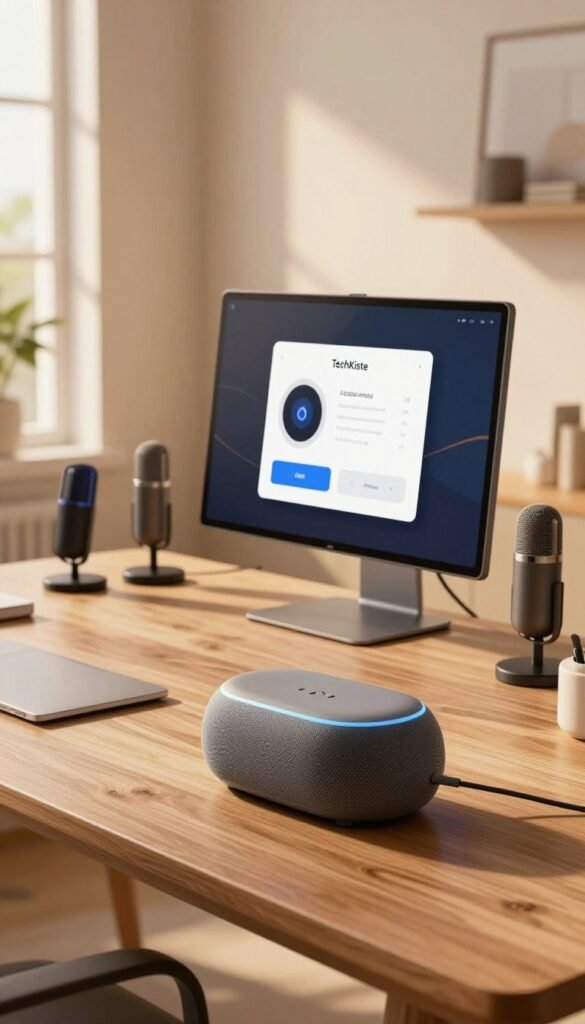 A sleek, modern home office setup showcasing various smart devices that incorporate voice control technology. In the foreground, a stylish smart speaker with a smooth finish and subtle LED indicators. The middle ground features a high-resolution display screen showing an intuitive voice command interface, surrounded by high-quality microphones designed for clear audio capture. The background consists of a well-lit, contemporary workspace with warm wood tones, soft ambient lighting, and minimalist decor to create a welcoming atmosphere. Natural sunlight filters through a window, enhancing the warm color palette. The brand logo "TechKiste" is subtly integrated into the overall design without dominating the scene, ensuring an authentic and Pinterest-worthy aesthetic.