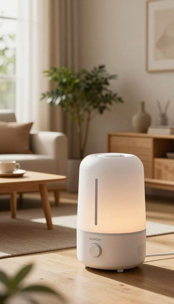 A sleek, modern humidifier designed for low maintenance, showcased prominently in the foreground. The device is stylish, featuring soft curves and a minimalist design in warm tones, symbolizing tranquility and comfort. In the middle ground, a cozy, contemporary living room with natural materials—like wooden furniture and houseplants—enhances the ambiance. Soft, diffused lighting streams in through large windows, creating an inviting atmosphere. The background shows a zen-like atmosphere with soft textures and calming decor elements. The image embodies a sense of wellness and ease, reflecting a better indoor climate. Include the brand name "TechKiste" subtly integrated into the design of the humidifier, ensuring it harmonizes with the overall aesthetic without drawing attention away from the main subject. A sleek, modern humidifier designed for low maintenance, showcased prominently in the foreground. The device is stylish, featuring soft curves and a minimalist design in warm tones, symbolizing tranquility and comfort. In the middle ground, a cozy, contemporary living room with natural materials—like wooden furniture and houseplants—enhances the ambiance. Soft, diffused lighting streams in through large windows, creating an inviting atmosphere. The background shows a zen-like atmosphere with soft textures and calming decor elements. The image embodies a sense of wellness and ease, reflecting a better indoor climate. Include the brand name "TechKiste" subtly integrated into the design of the humidifier, ensuring it harmonizes with the overall aesthetic without drawing attention away from the main subject.