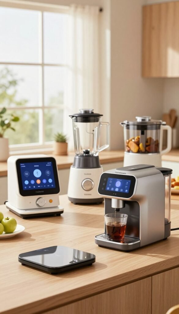 A sleek, modern kitchen counter laden with various high-tech gadgets, each displaying their unique features. In the foreground, a smart kitchen scale and an innovative coffee maker stand out, showcasing touch screens and user-friendly interfaces. In the middle ground, a state-of-the-art blender and an advanced food processor are arranged, blending seamlessly into the scene. The background features a bright, airy window with natural light spilling in, highlighting the warm colors of the kitchen. The overall mood is inviting and cheerful, reflecting everyday usability and innovation. A subtle logo for "TechKiste" is embedded discreetly on the gadgets, adding a professional touch. No text or watermarks are present, maintaining a clean and authentic aesthetic. A sleek, modern kitchen counter laden with various high-tech gadgets, each displaying their unique features. In the foreground, a smart kitchen scale and an innovative coffee maker stand out, showcasing touch screens and user-friendly interfaces. In the middle ground, a state-of-the-art blender and an advanced food processor are arranged, blending seamlessly into the scene. The background features a bright, airy window with natural light spilling in, highlighting the warm colors of the kitchen. The overall mood is inviting and cheerful, reflecting everyday usability and innovation. A subtle logo for "TechKiste" is embedded discreetly on the gadgets, adding a professional touch. No text or watermarks are present, maintaining a clean and authentic aesthetic.