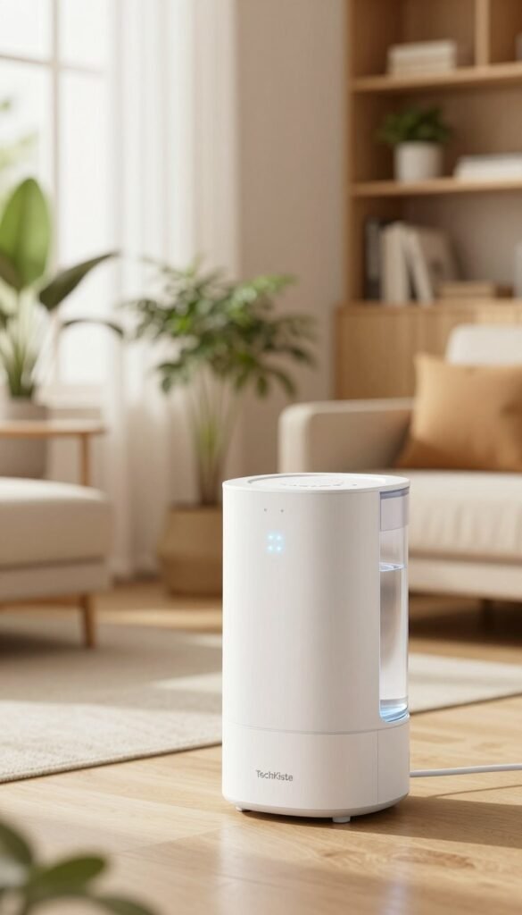 A sleek, modern luft befeuchtung system from the brand "TechKiste" placed prominently in the foreground. The device features a minimalistic design with smooth curves, a transparent water reservoir, and subtle LED indicators glowing in soft blue hues. In the middle, a cozy indoor environment is depicted, showcasing a stylish living room with houseplants and warm wooden accents, illuminated by soft, natural light coming from a nearby window. The background reveals a calming atmosphere with blurred images of bookshelves and soft furnishings, enhancing the overall homely vibe. The color palette includes warm tones like creamy whites and light browns, contributing to an inviting ambiance. The mood is serene and tranquil, ideal for promoting relaxation and health in home environments. A sleek, modern luft befeuchtung system from the brand "TechKiste" placed prominently in the foreground. The device features a minimalistic design with smooth curves, a transparent water reservoir, and subtle LED indicators glowing in soft blue hues. In the middle, a cozy indoor environment is depicted, showcasing a stylish living room with houseplants and warm wooden accents, illuminated by soft, natural light coming from a nearby window. The background reveals a calming atmosphere with blurred images of bookshelves and soft furnishings, enhancing the overall homely vibe. The color palette includes warm tones like creamy whites and light browns, contributing to an inviting ambiance. The mood is serene and tranquil, ideal for promoting relaxation and health in home environments.