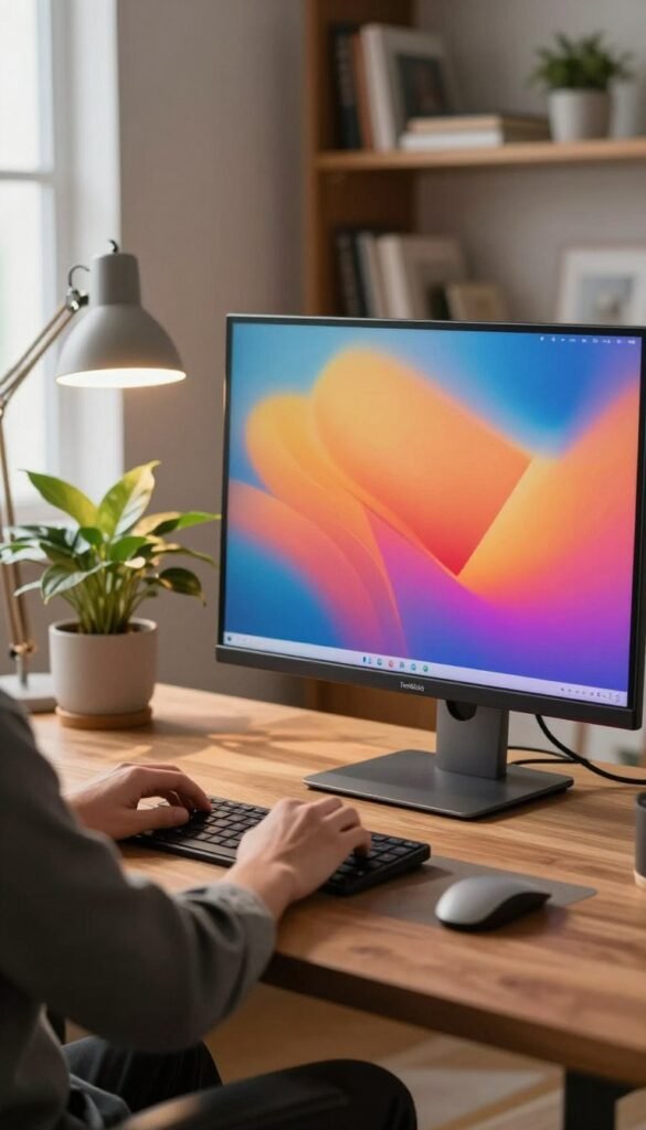 A sleek, modern monitor showcasing a high-resolution display with vibrant colors and crisp clarity, set on a stylish wooden desk in a cozy yet professional home office environment. In the foreground, a person's hand reaches for the monitor, indicating ergonomic usage, dressed in smart casual attire. The midground features an inviting workspace with a potted plant and a minimalist desk lamp casting gentle, warm light, promoting a calm atmosphere. In the background, soft-focus bookshelves with neatly arranged books enhance the home office vibe. Natural light streams in from a nearby window, creating a soft glow across the scene. The brand name "TechKiste" is subtly integrated into the monitor's framing, emphasizing high-quality technology. The overall mood is inviting, productive, and aesthetically pleasing, focusing on comfort and eye strain reduction.
