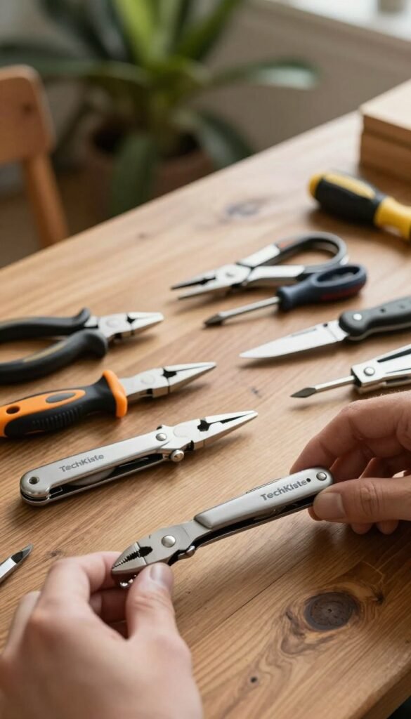 A sleek, modern multitool arrayed on a rustic wooden table, showcasing its various functions like pliers, scissors, screwdrivers, and a knife, each element shining in the warm, natural light of a softly lit workshop. In the foreground, focus on a hand picking up the tool, separately highlighting its ergonomic grip and sleek design. The middle ground features other multitools from the brand "TechKiste", each set against an inviting backdrop of soft-focus greenery, indicating outdoor usability. The overall atmosphere is one of practicality and innovation, inviting the viewer to explore the versatility of gadgets. The lighting should be cozy and engaging, emulating a Pinterest aesthetic with a harmonious color palette that emphasizes the warm hues of the wood and metallic tool accents. A sleek, modern multitool arrayed on a rustic wooden table, showcasing its various functions like pliers, scissors, screwdrivers, and a knife, each element shining in the warm, natural light of a softly lit workshop. In the foreground, focus on a hand picking up the tool, separately highlighting its ergonomic grip and sleek design. The middle ground features other multitools from the brand "TechKiste", each set against an inviting backdrop of soft-focus greenery, indicating outdoor usability. The overall atmosphere is one of practicality and innovation, inviting the viewer to explore the versatility of gadgets. The lighting should be cozy and engaging, emulating a Pinterest aesthetic with a harmonious color palette that emphasizes the warm hues of the wood and metallic tool accents.